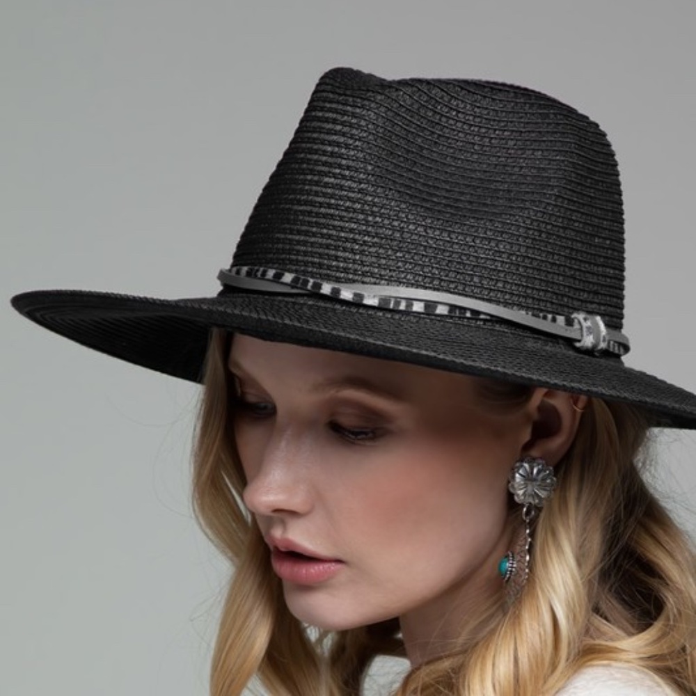 Boho Leopard Natural Trim Straw Panama Hat - Picture 1 of 13
